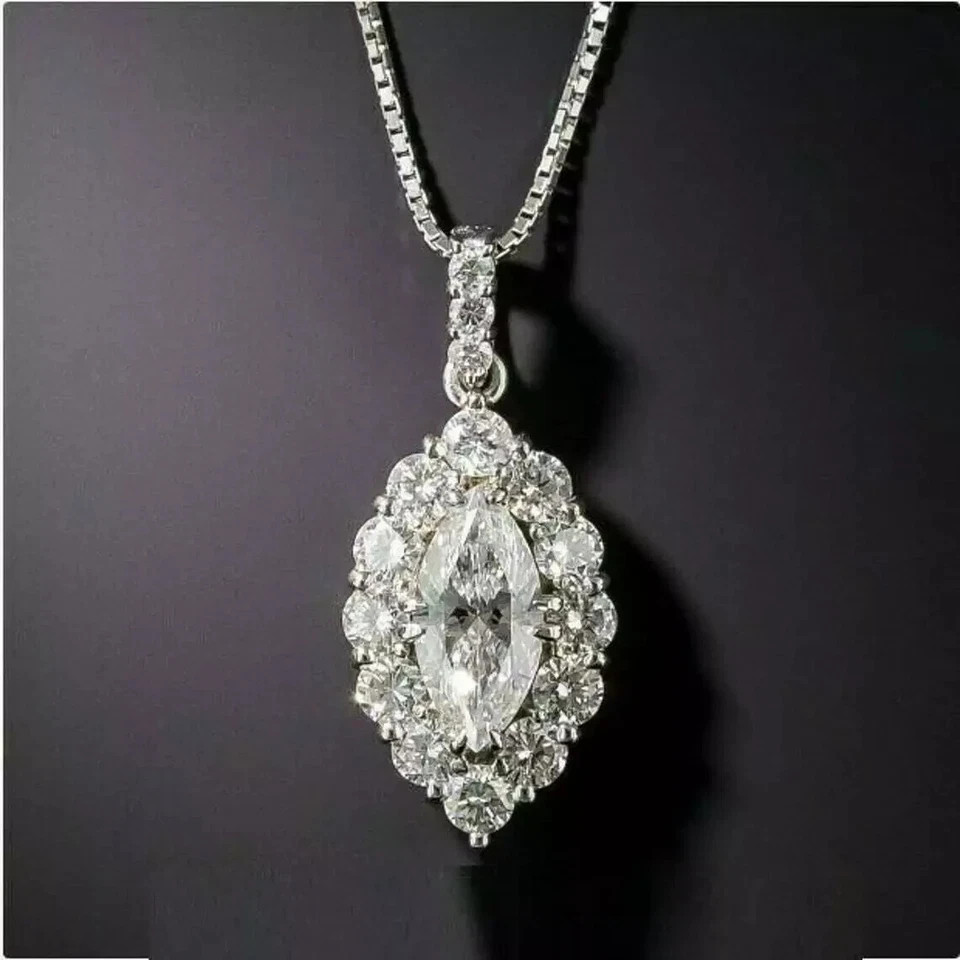 3.1Ct Marquise Lab Grown Diamond EF/VS1 Halo Pendant 14K White Gold Jewelry Gift