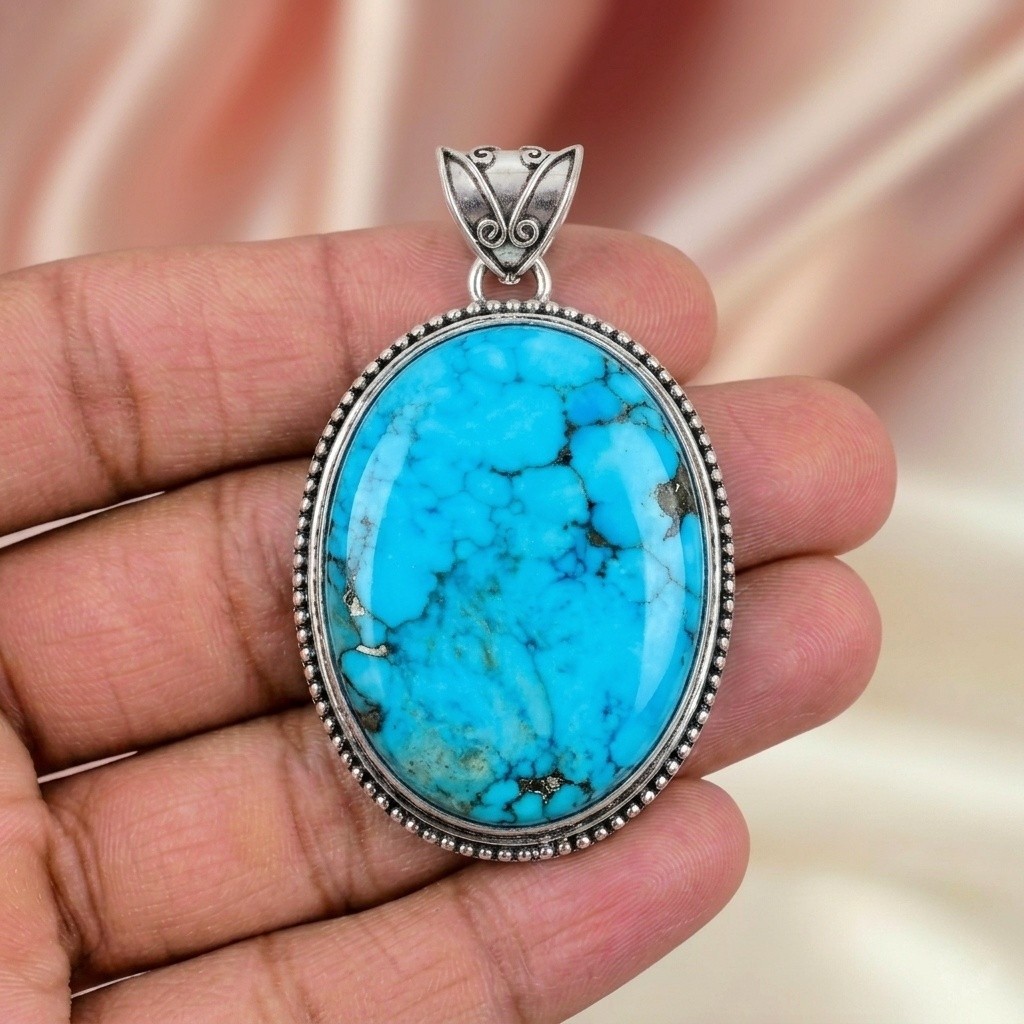 Natural Turquoise Silver Pendant 925 Sterling Silver Handmade Jewelry Pendant