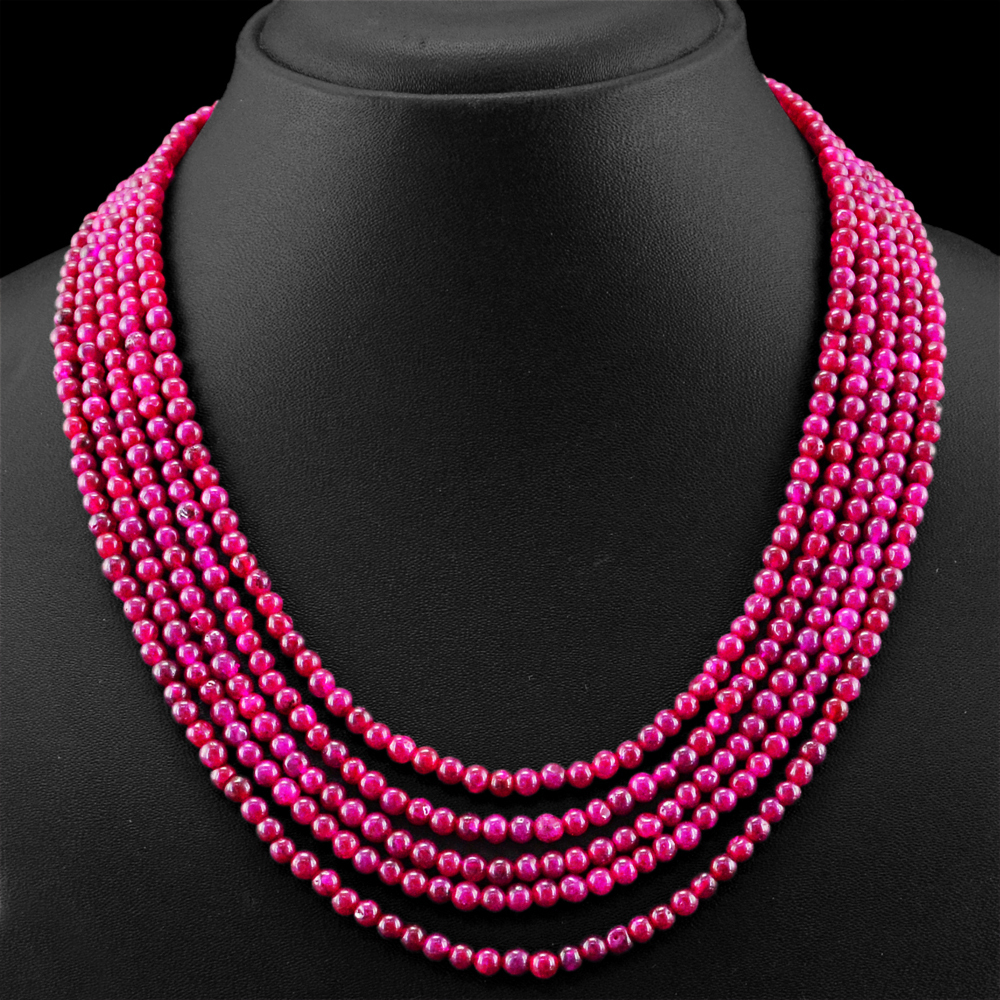 290.00 CTS EARTH MINED RED RUBY 5 STRAND ROUND BEADS HAND MADE NECKLACE (DG)