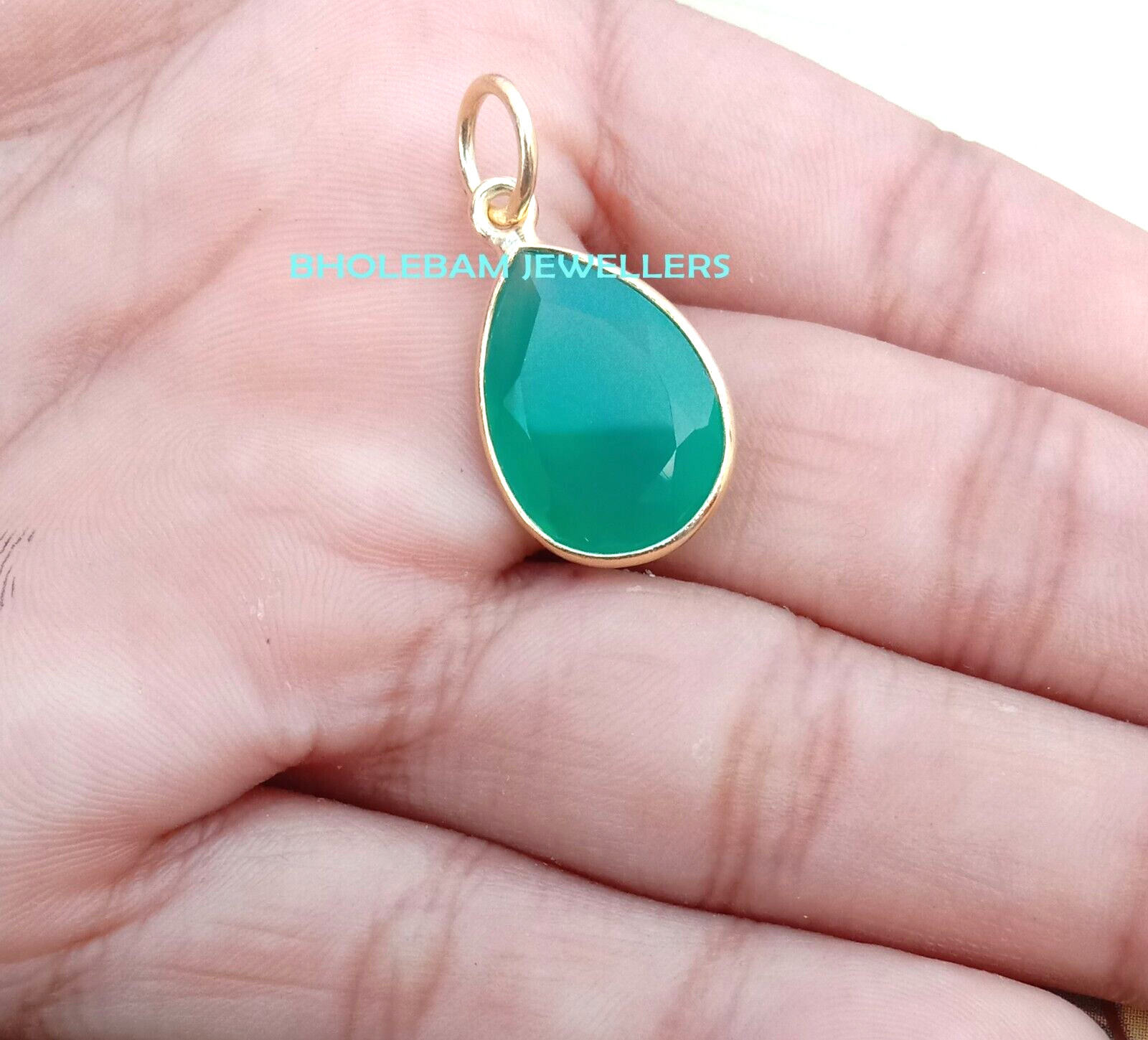 Natural Green Onyx Charm Necklace, 18k Yellow Gold Pendant , Handmade Jewelry