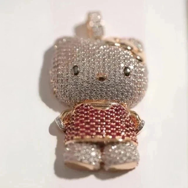 2.60Ct Round Cut Real Moissanite Hello Kitty Pendant 14K Yellow Gold Plated