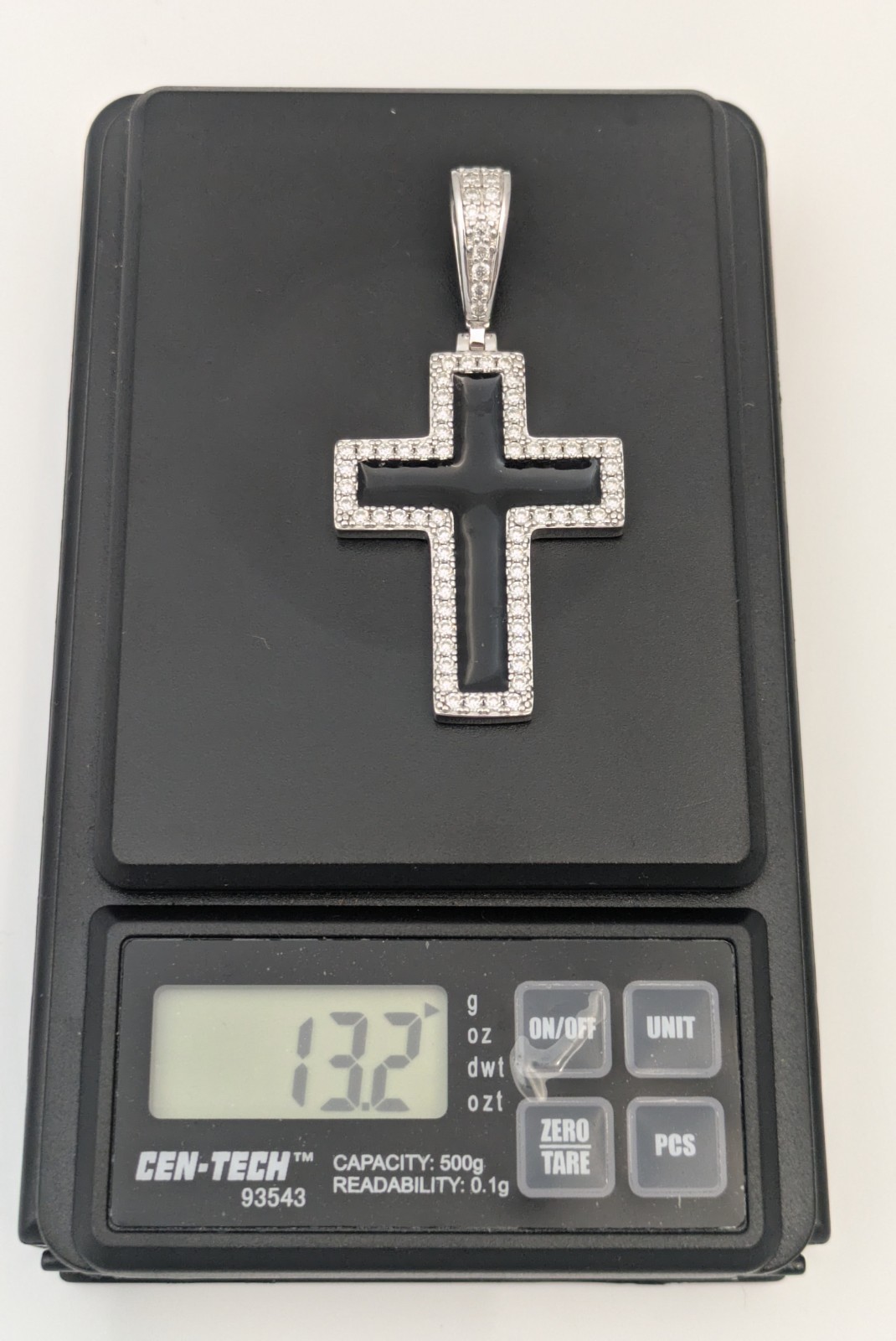 925 Sterling Silver Moissanite Cross Pendant / Charm Black Enamel Harlem Bling