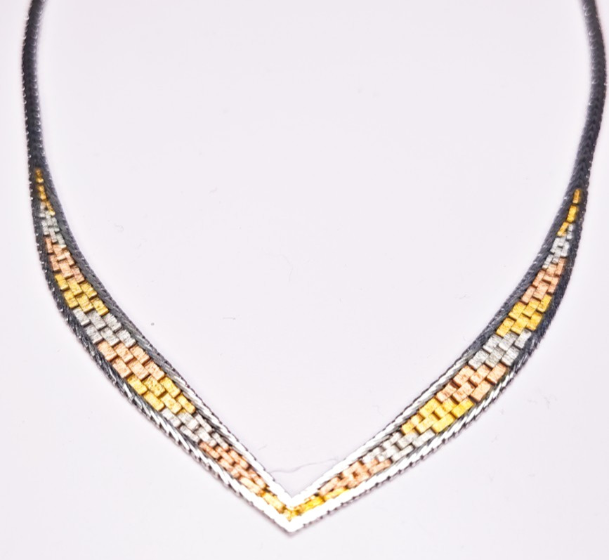 925 Italy Sterling Silver Tri Color Woven V Necklace 16″ Box Clasp 11.88g
