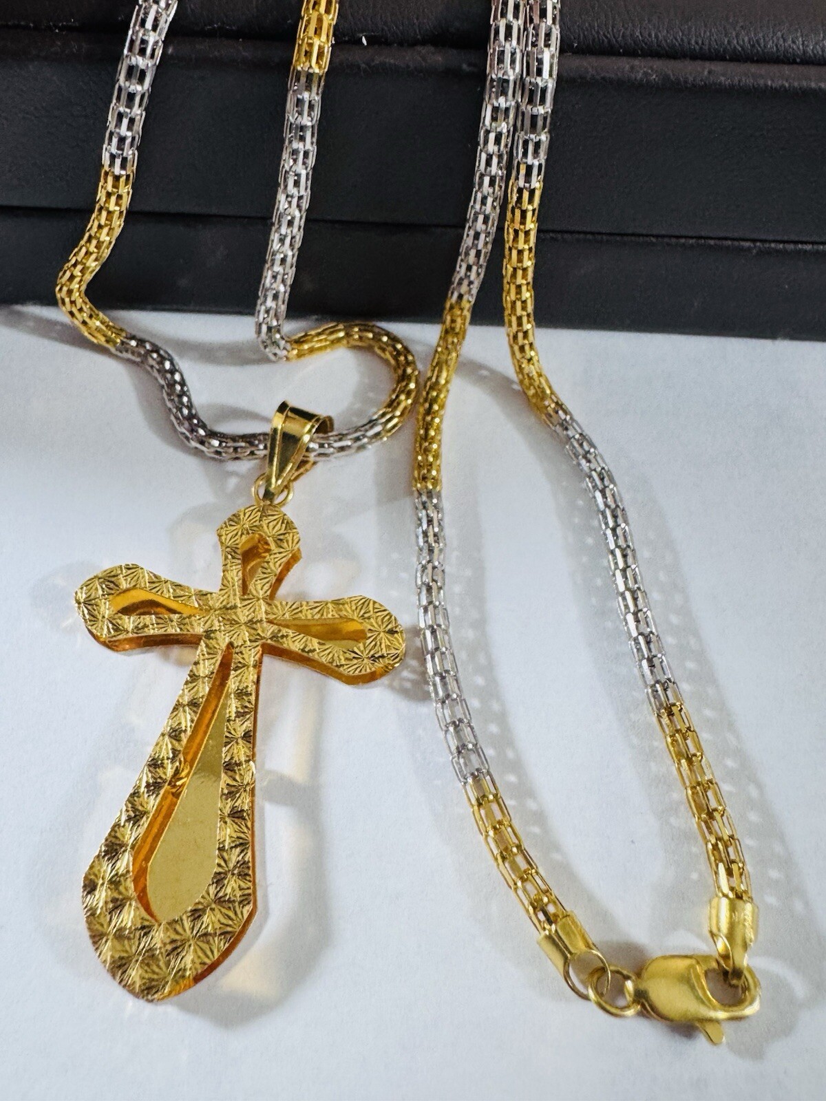 Pure 22K 916 Real Dubai Saudi Gold 21.5/22” Long Snake Cross Necklace 3mm 14.8g
