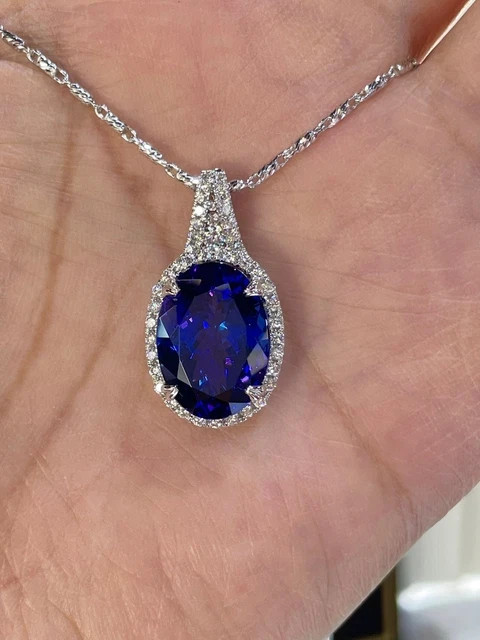 3Ctw Oval Cut Lab-Created Blue Sapphire Halo Pendant 14K White Gold Plated 18″