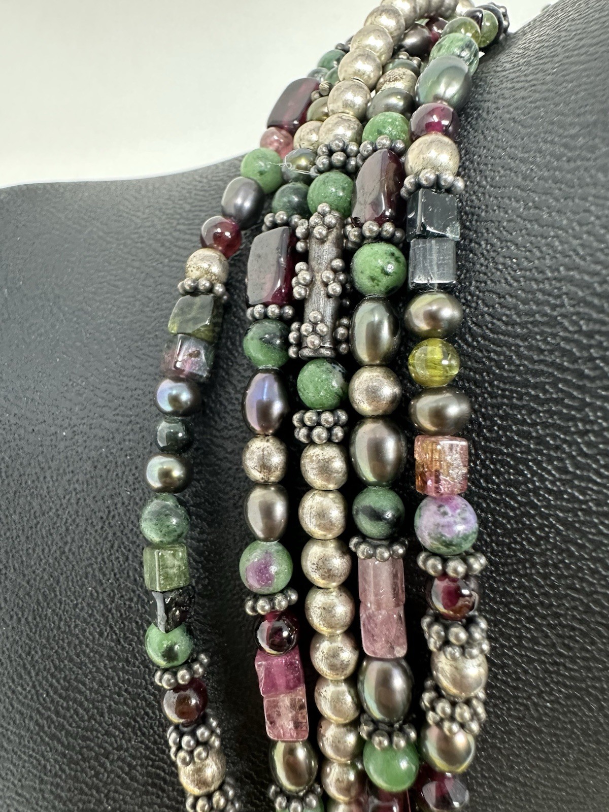 Sterling Silver Byzade Multiple Gemstone Cross Choker Necklace Elegant 87g 14in+