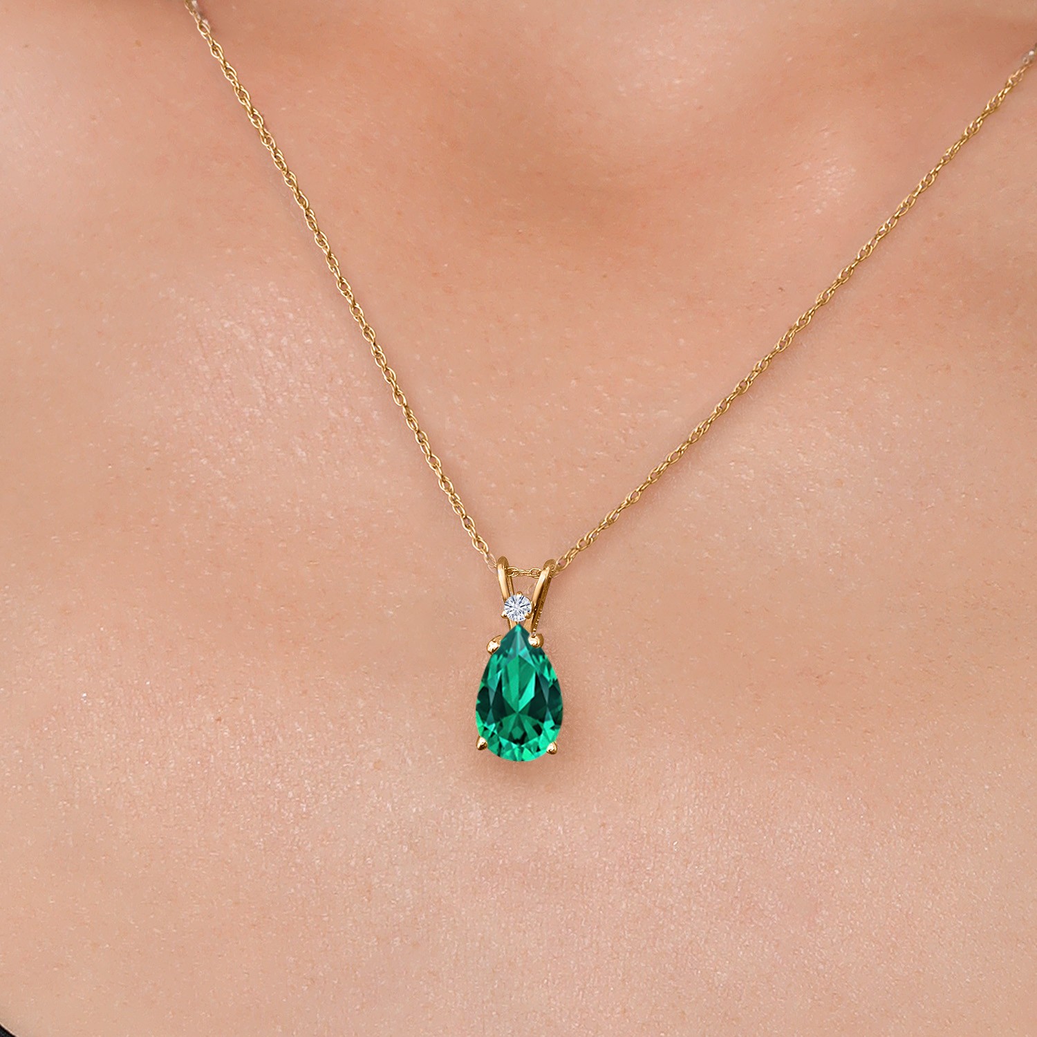 14K Yellow Gold Nano Emerald and White Moissanite Pendant Necklace for Women |