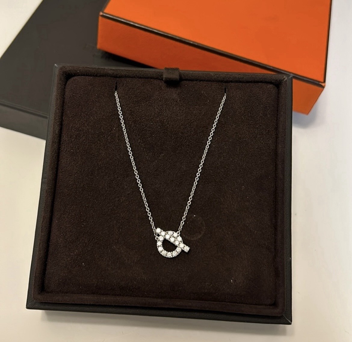 BNIB Hermes 18k White Gold Diamond Finesse Chain Pendant Necklace MSRP $6,900