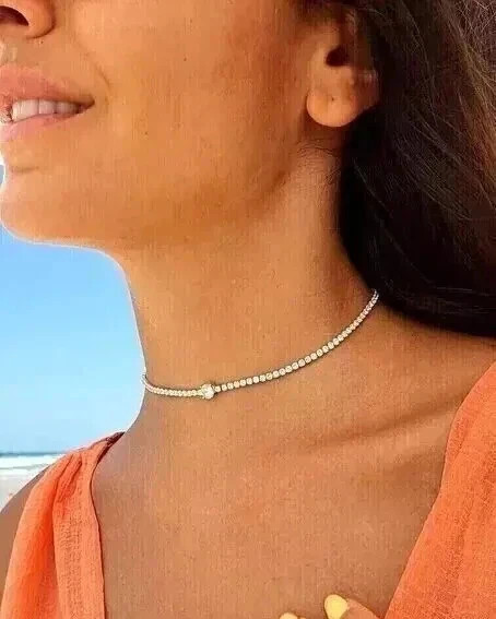 15TCW Round Cut Lab Created Diamond 14K White Gold Plated Tennis Choker Necklace