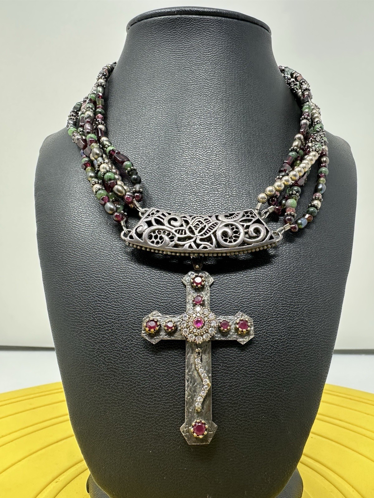 Sterling Silver Byzade Multiple Gemstone Cross Choker Necklace Elegant 87g 14in+