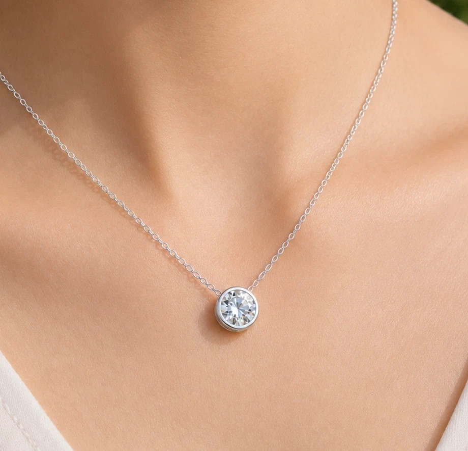 1CT Round Lab Created Diamond Bezel Bail Pendant Chain 18 In 925 Stirling Silver