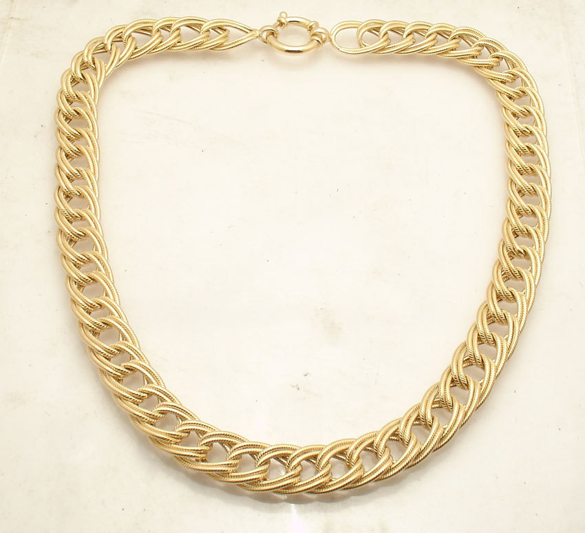 Technibond Textured Double Curb Chain Necklace 14K Yellow Gold Plated Silver