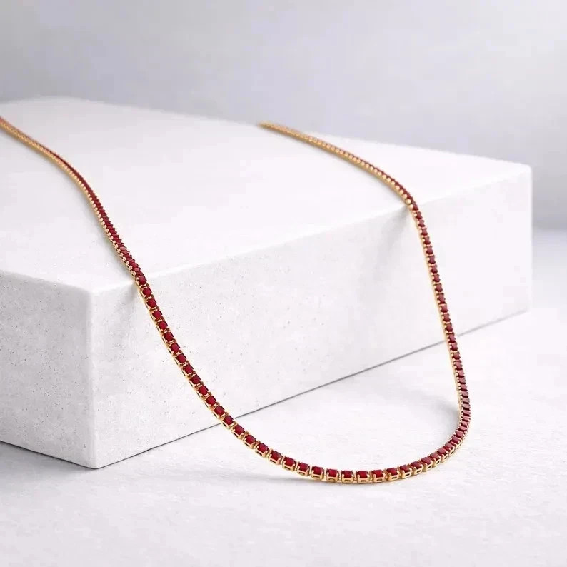 15TCW Round Lab Created Red Ruby Women’s Tennis Necklace 14K Yellow Gold Finish