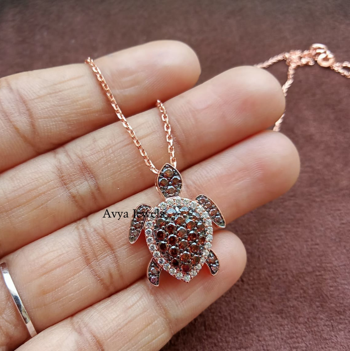 2 CT Round Brown Diamond Aloha Turtle Sea Pendant Necklace 14K Rose Gold Plated