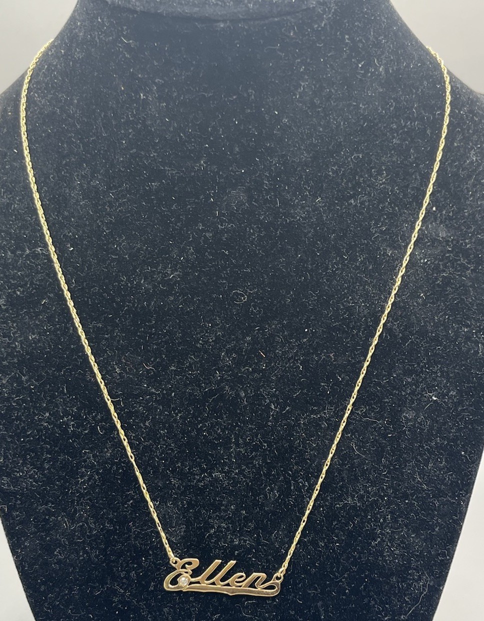 14K Solid Gold Flat Vintage Chain Necklace 18” 2 grams “Ellen” Nameplate Diamond