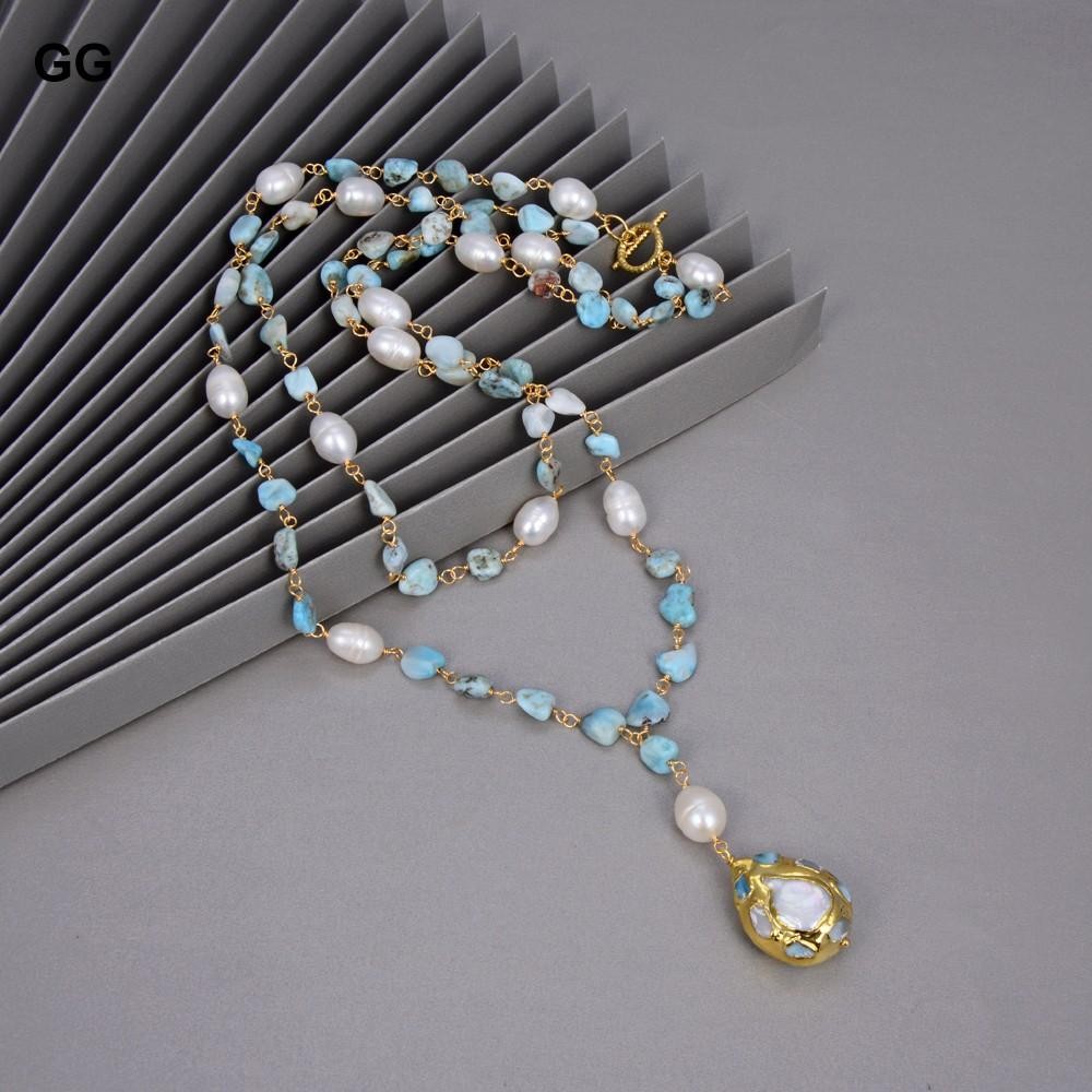 Blue Larimar Pearl Necklace Gold Plated Statement 21in Freshwater Women