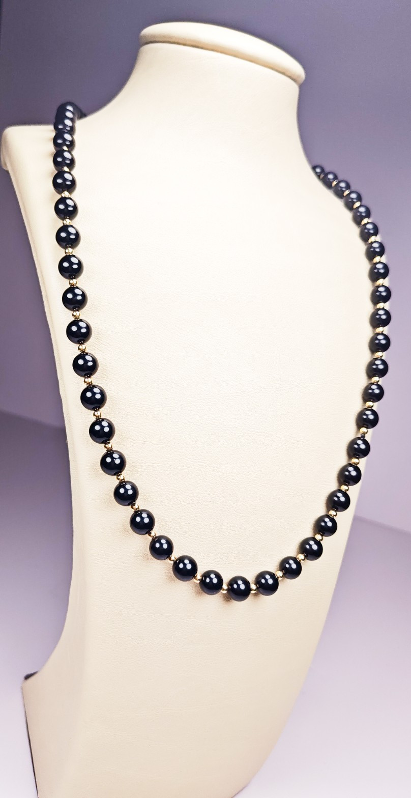 14K Yellow Gold Black Onyx Beaded Ball Necklace 29″ Long Estate 52.23g Vintage