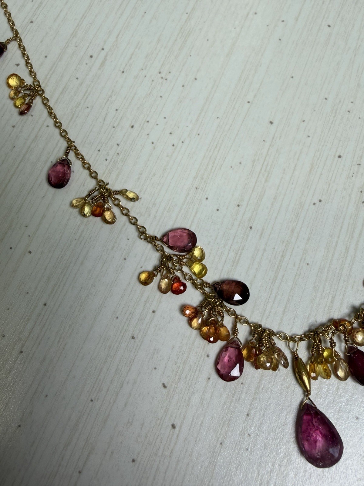 18kt Solid Yellow Gold Multi-Gemstone Fringe Briolette Tourmaline Necklace, 11 g