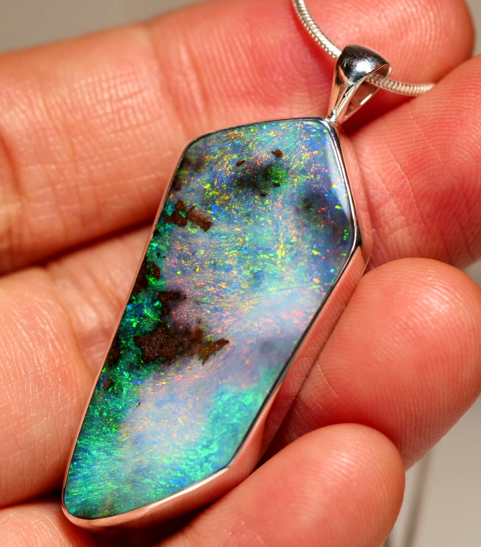 BIG Australia Natural Queensland Solid Boulder Opal Silver 925 Pendant Hallmark