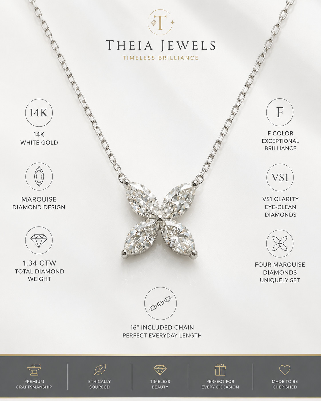 1.34 CT Marquise Lab Grown Diamond Flower Pendant Necklace 14K White Gold