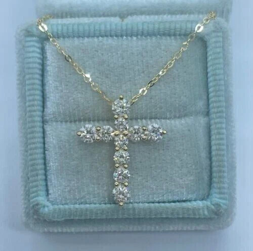 1.00Ct Lab Created Diamond Round Religious Cross Pendant 14K Yellow Gold Plated