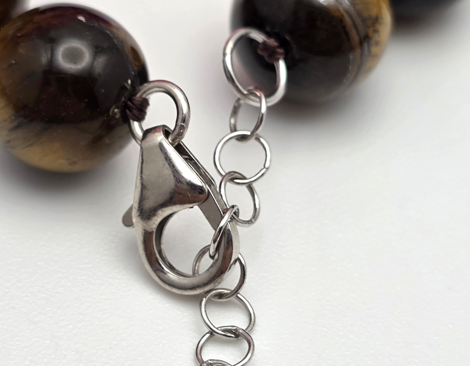 Genuine Tiger’s Eye Beaded Necklace Hand Knotted 925 Sterling Silver 20 In BBJ