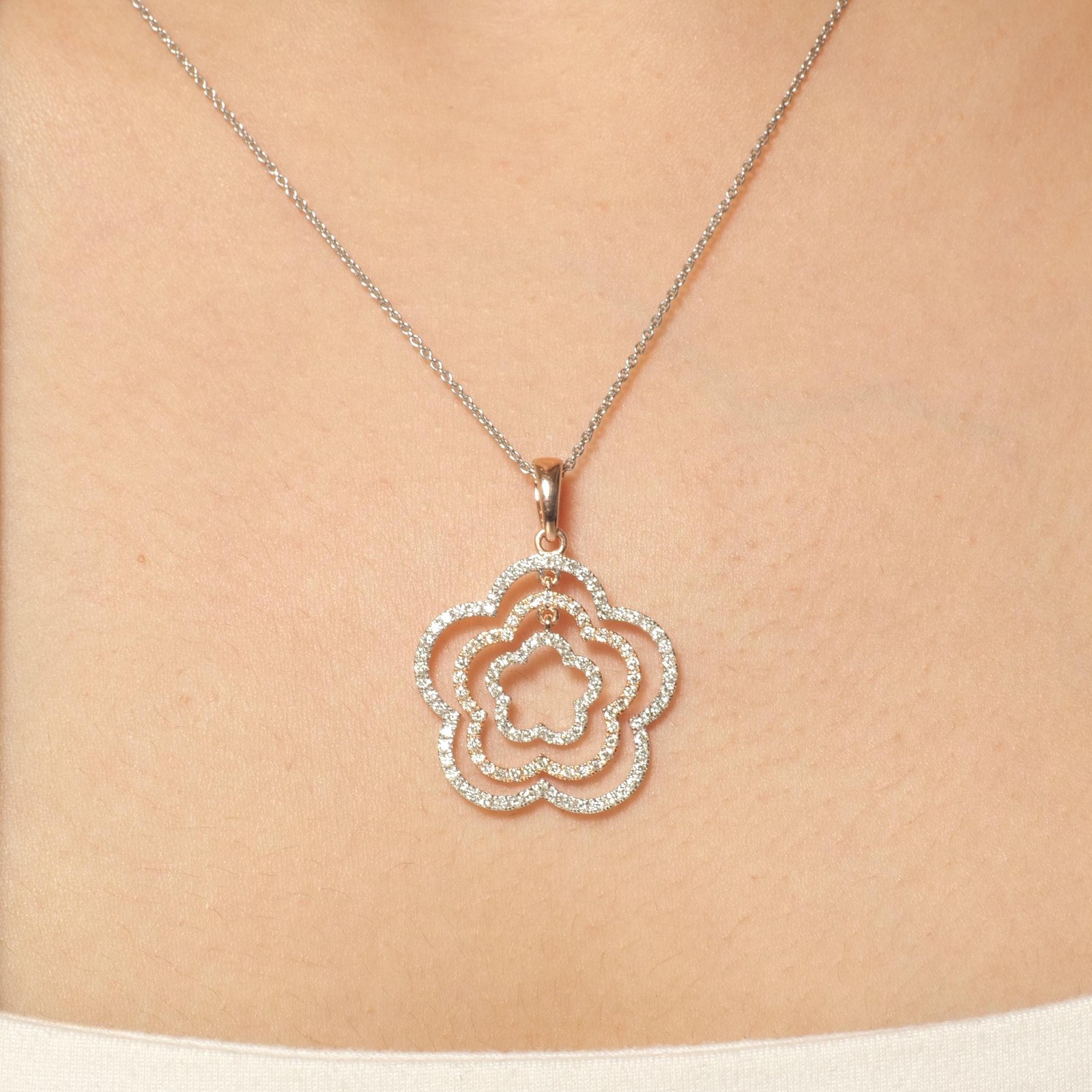 0.90 Natural Diamond Layered Floral Pendant 14K Gold Rose Gold Fine jewelry
