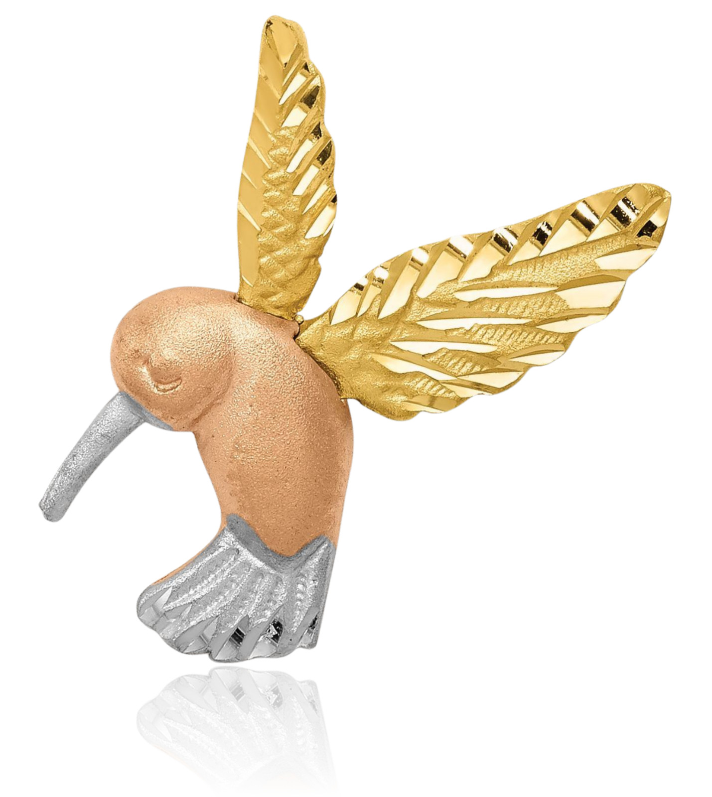 14K Solid Two Tone Gold Medium Hummingbird Slide Pendant Necklace 19mm 3/4 inch