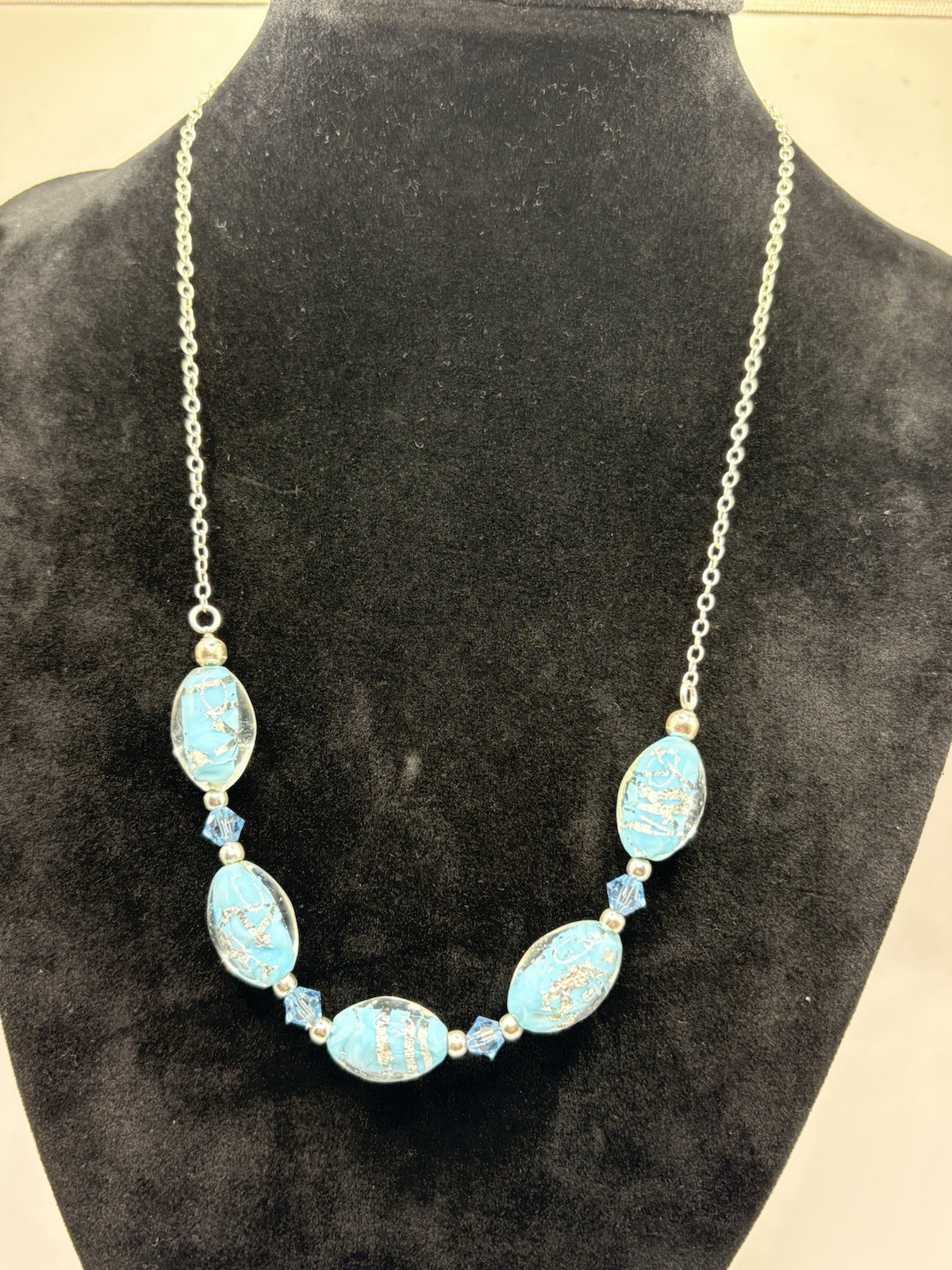 FAS 925 Sterling Silver Chain Necklace Clear & Baby Blue Glass Beads 17.5-21 In