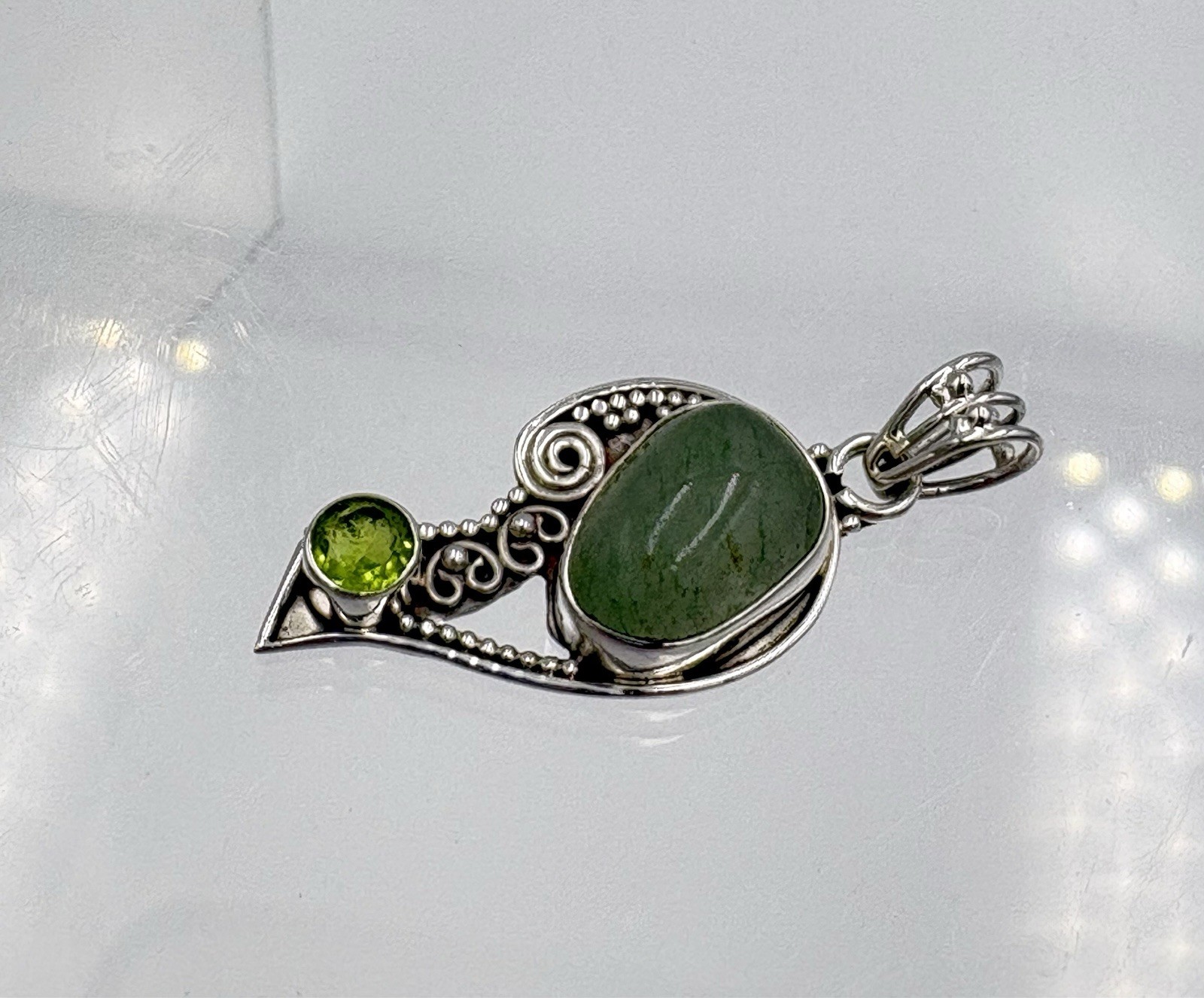 Sterling Silver Genuine Green Aventurine & Peridot Gemstone Bird Pendant 925