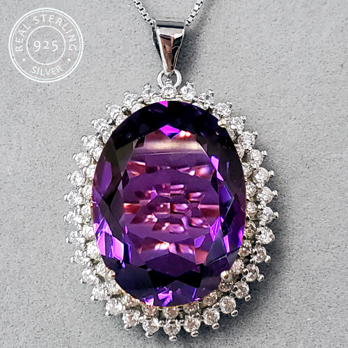 RARE 12.00 CT AMETHYST & CREATED WHITE SAPPHIRE 925 STERLING SILVER NECKLACE 18″