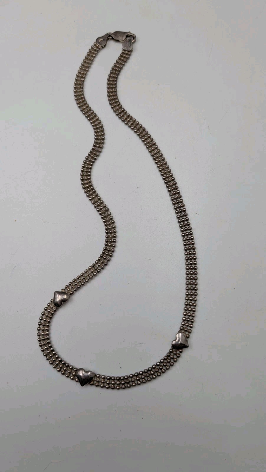 Signed OTC 925 Sterling Silver Station Ball Beaded Heart Chain 18″ Necklace 14g