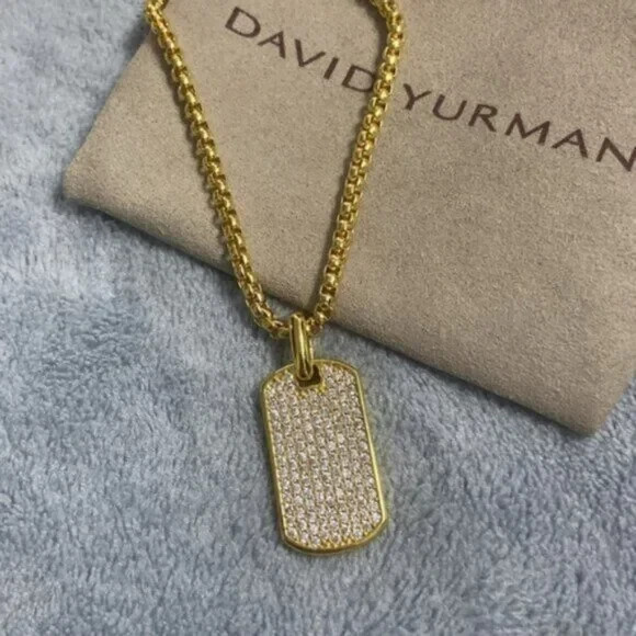 David Yurman Gold and Diamond Dog Tag Pendant Necklace