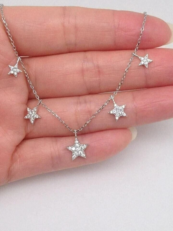 2.50Ct Round Lab Created Diamond Star Station Necklace 18″ 14k White Gold Plated