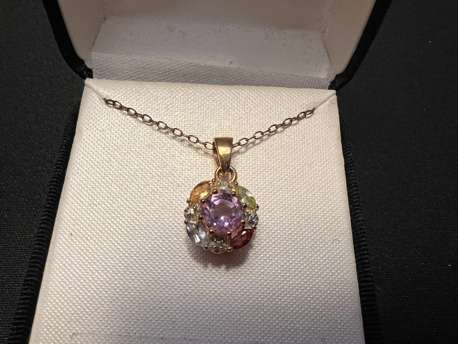 Gold Over Sterling Silver Multi Gemstone Cluster Pendant Necklace 18″ Box Chain