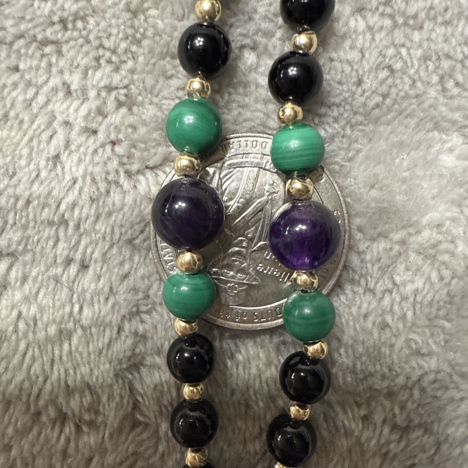 Yellow 80+ Gold Beads Spacer Black Onyx Amethyst Long Bead Necklace 26” 31g