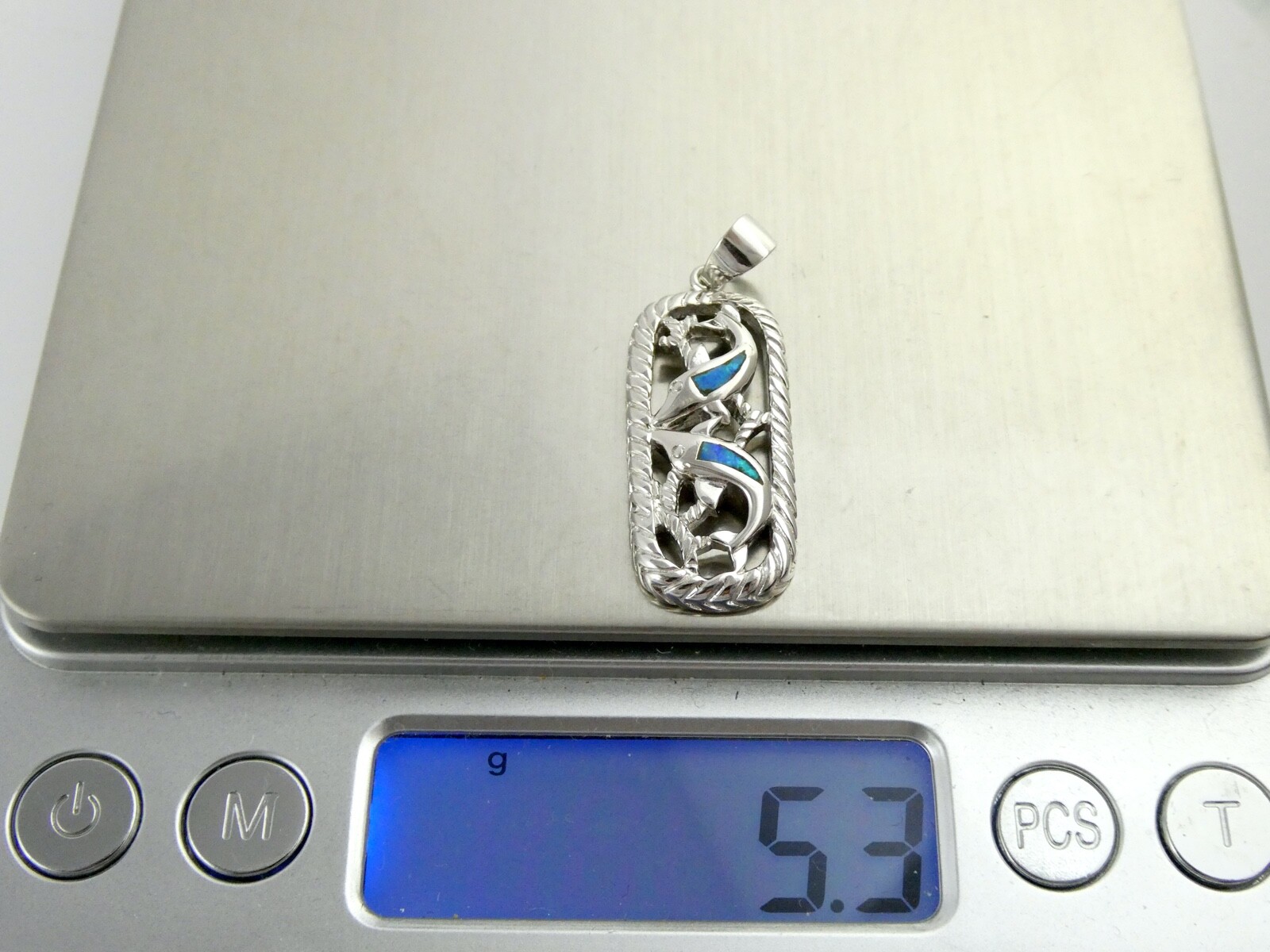 Sterling Silver Simulated Blue Opal Inlay Two Dolphin Pendant 925 5.3g 1 3/8 In