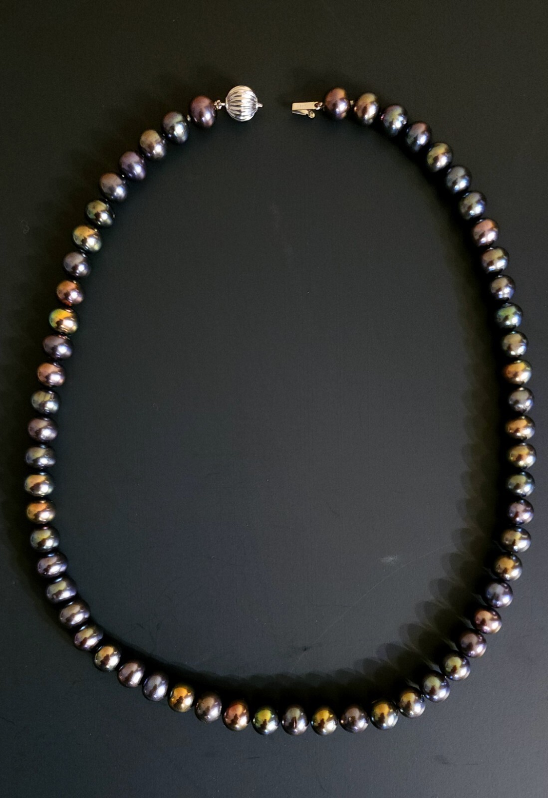 14k White Gold Multicolor Peacock Black Green Blue Tahitian Pearl Necklace 9mm