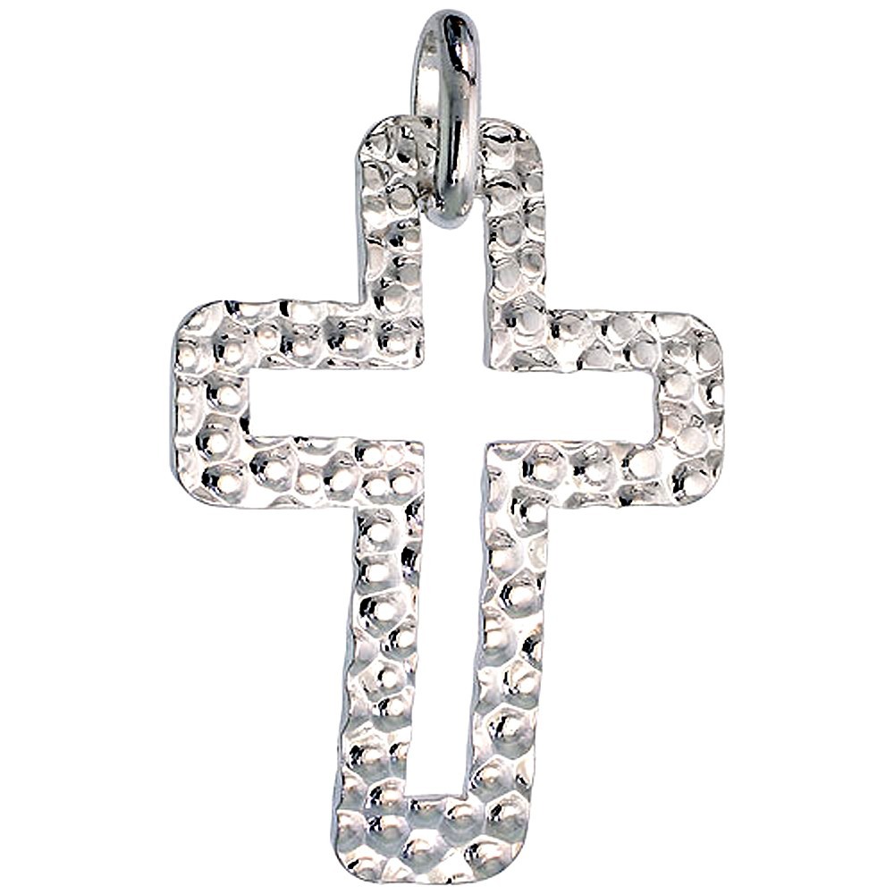 925 Sterling Silver Curved Hammered Finish Cross Pendant 1 1/2 Inch (38mm) Tall
