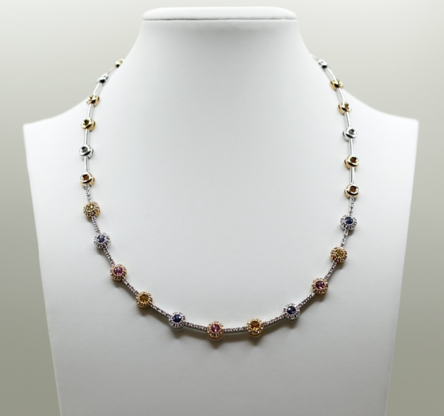 18k Two Tone Gold Multi-Colored Natural Sapphires & Diamond Necklace 31.7 Grams