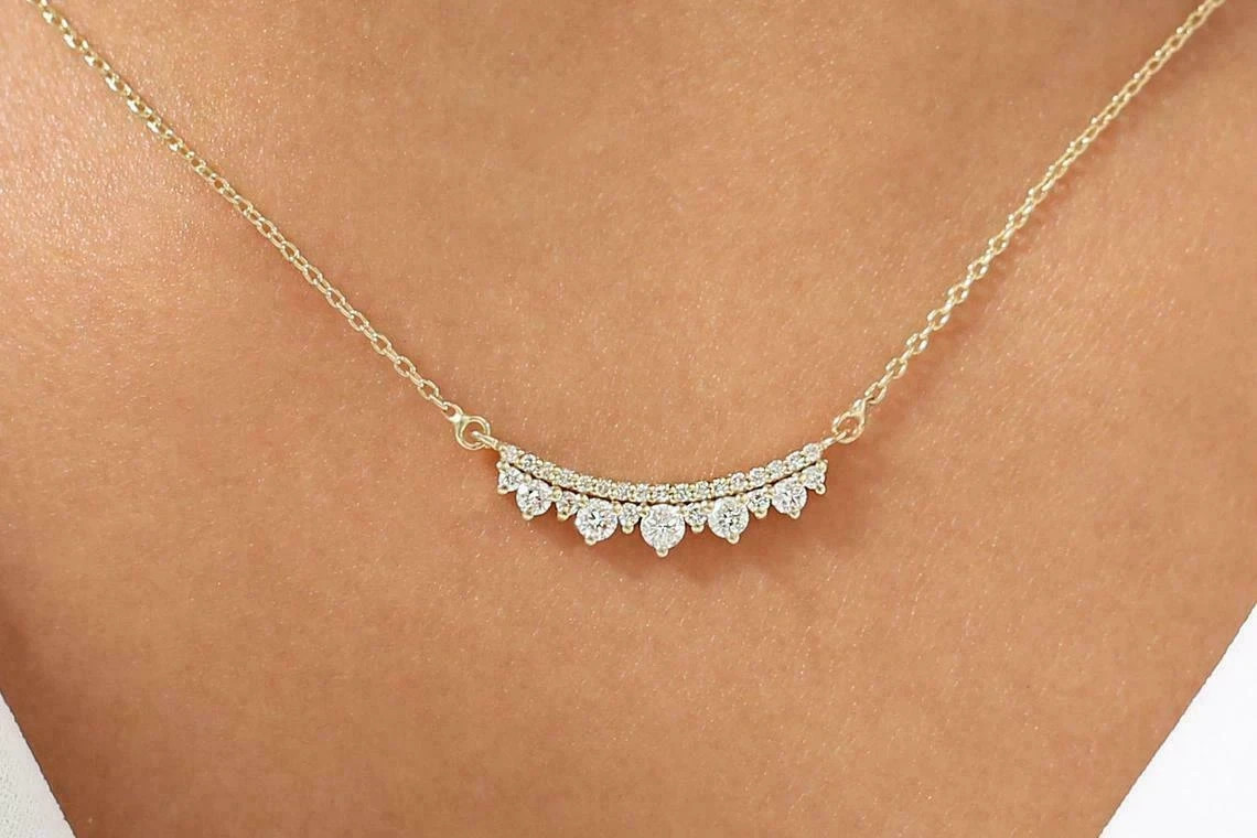 1Ct Round Lab Created Diamond Bar Pendant Women Necklace 14k Yellow Gold Plated