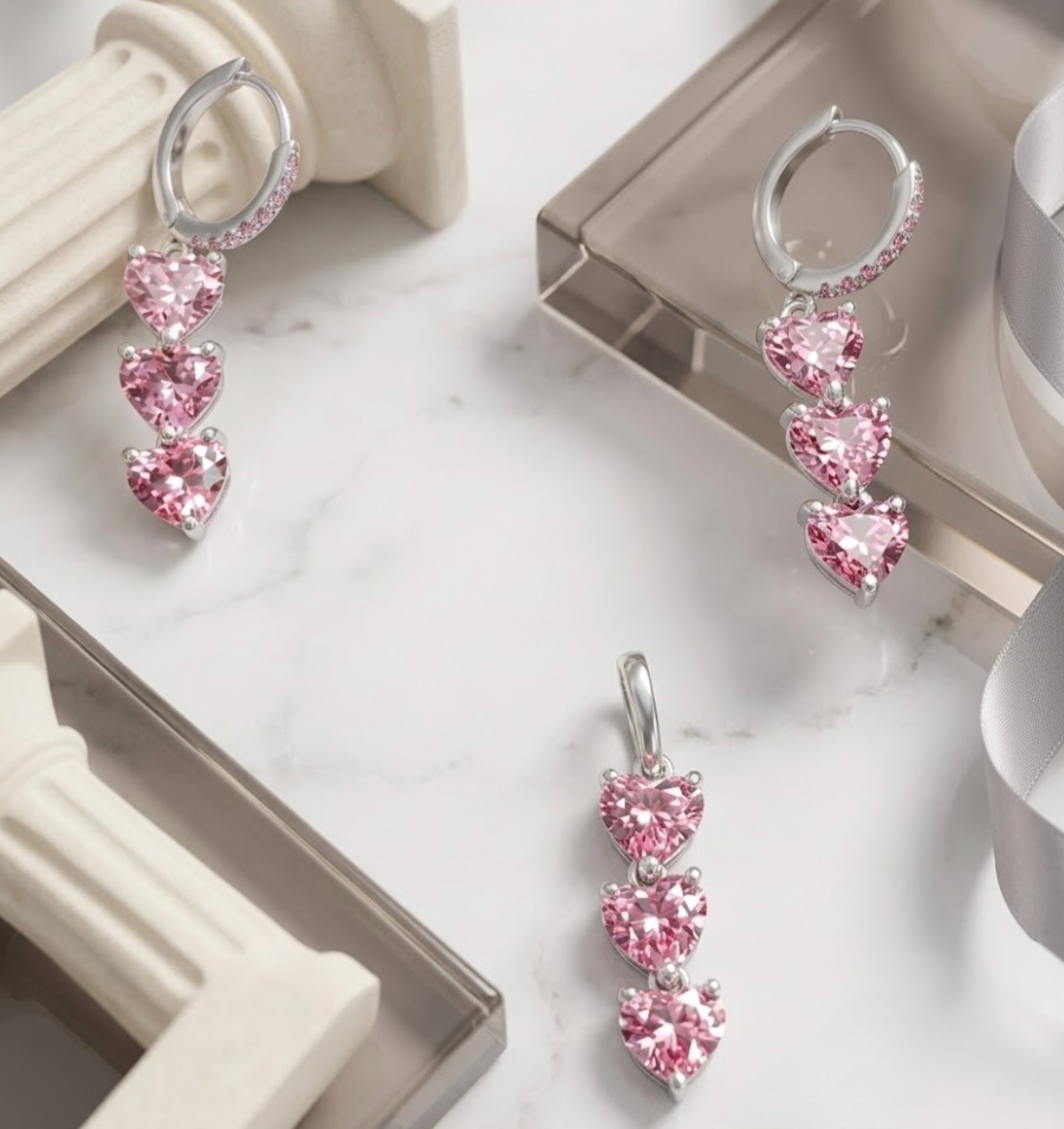 925 Silver, Pink Diamond Pendant & Dangler Jewelry Set, 18 Ct Certified Treated