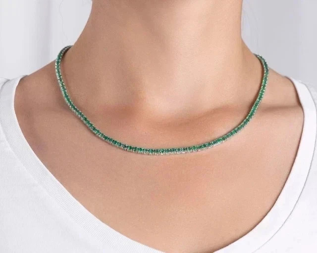 15Ct Round Cut Lab Created Green Emerald Tennis Necklace 14K White Gold Plated