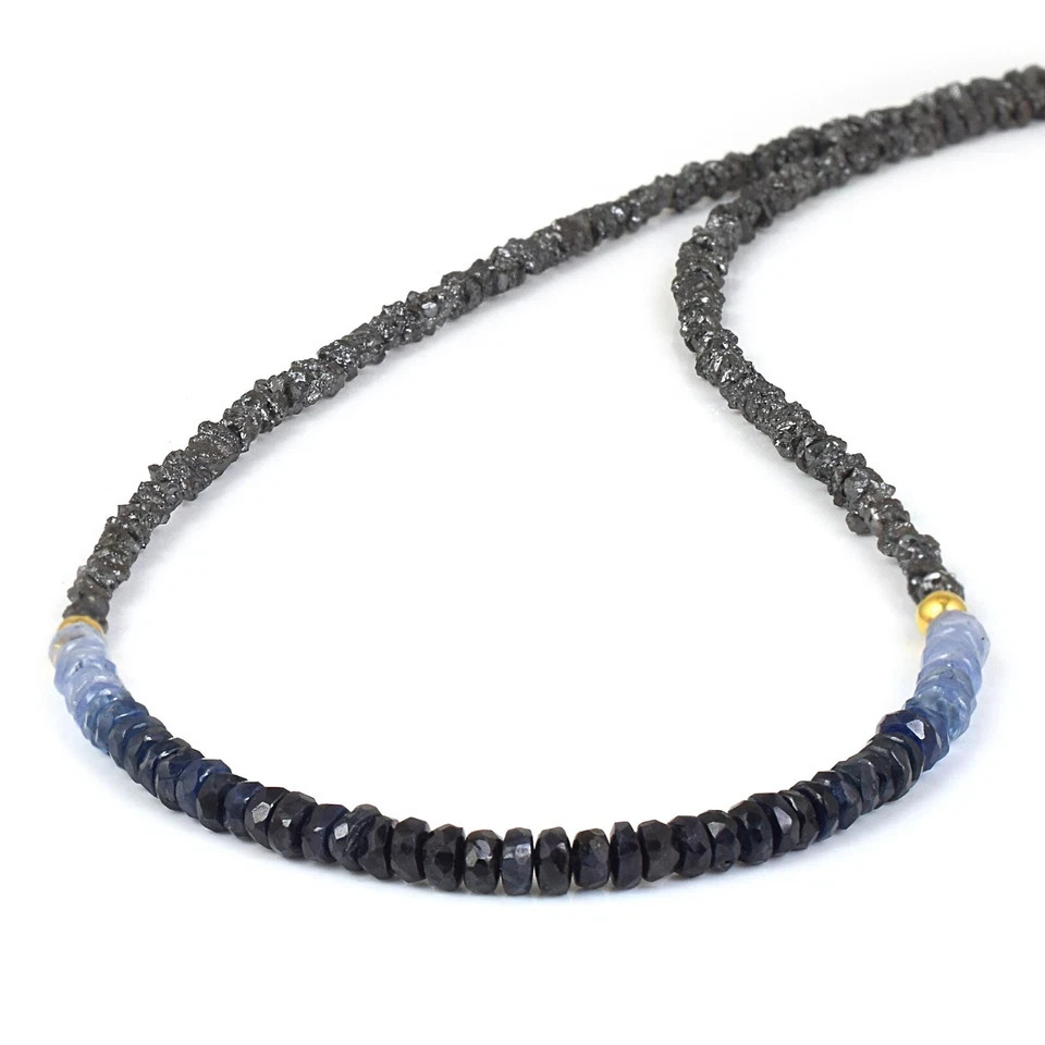Natural Black Diamond And Blue Sapphire Beads Nuggets 925 Silver Strand Necklace