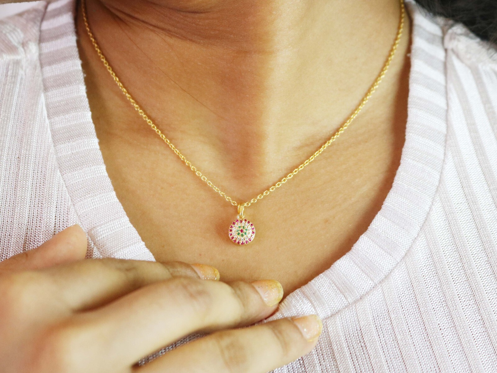 Ruby 925 Sterling Silver Evil Eye Nazar Dainty Pendant July Birthstone Gift