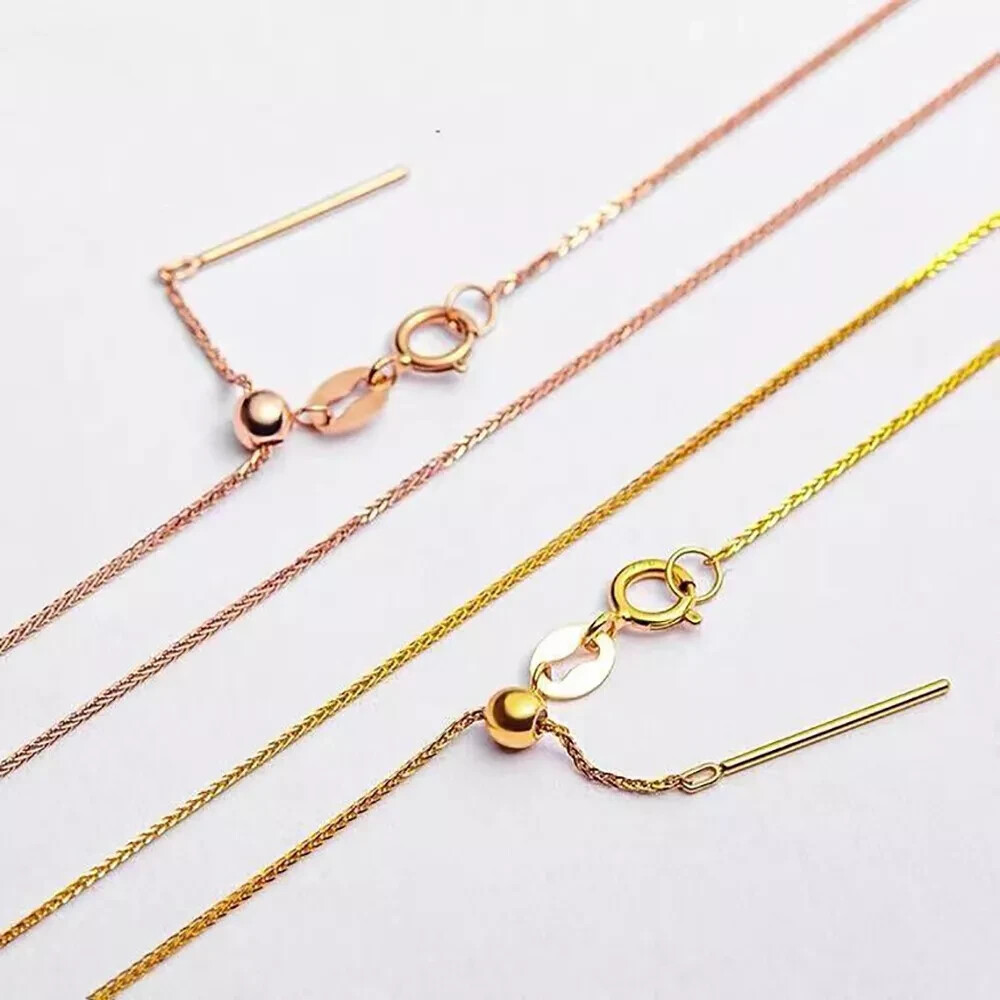 18K Solid Gold Chopin Chain Necklace Needle Beautiful Charm Jewelry Adjustable