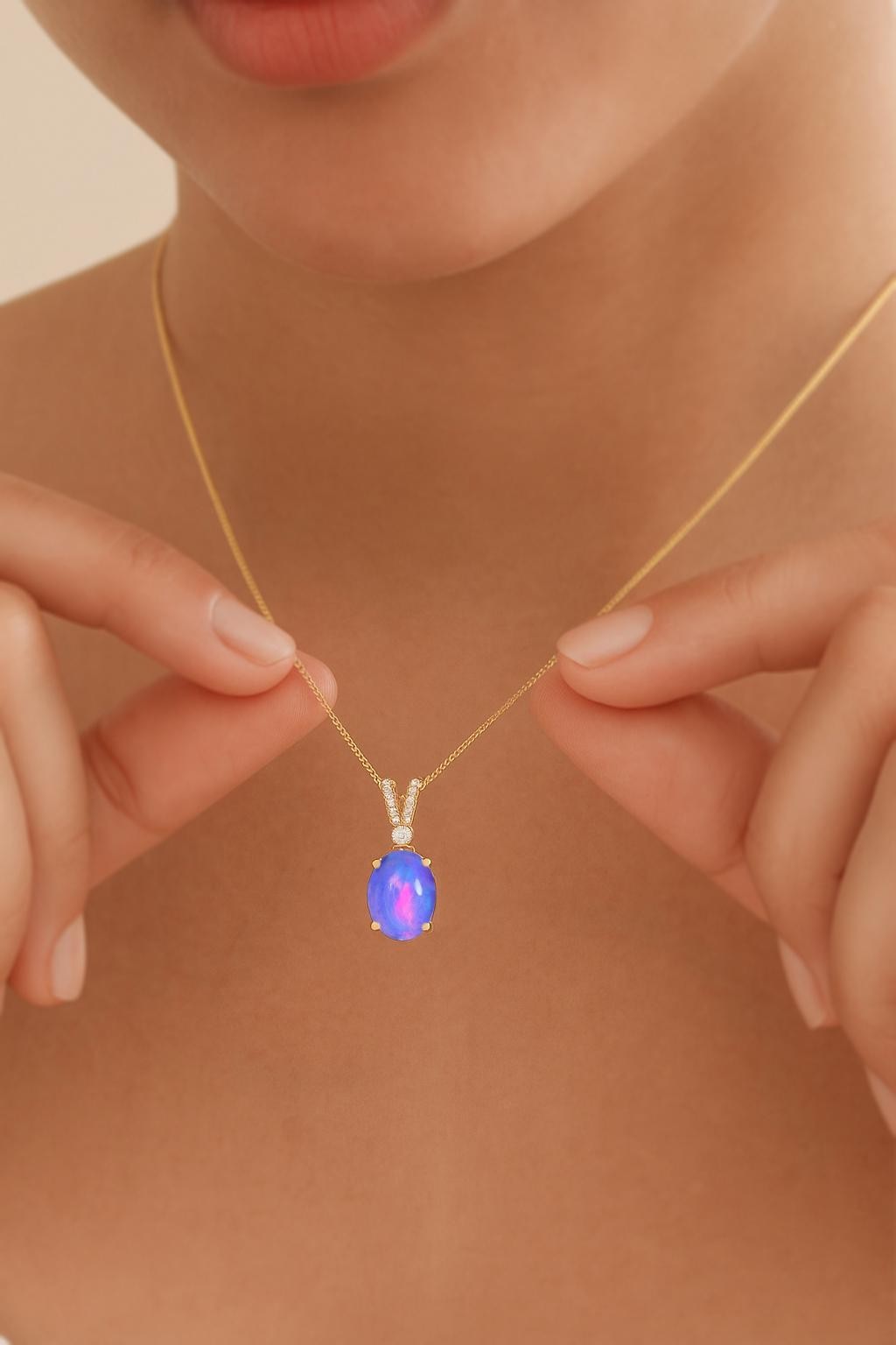 AAA Lavender Opal Gemstone Oval Charm Pendant Necklace, Multifire Opal Gemstone