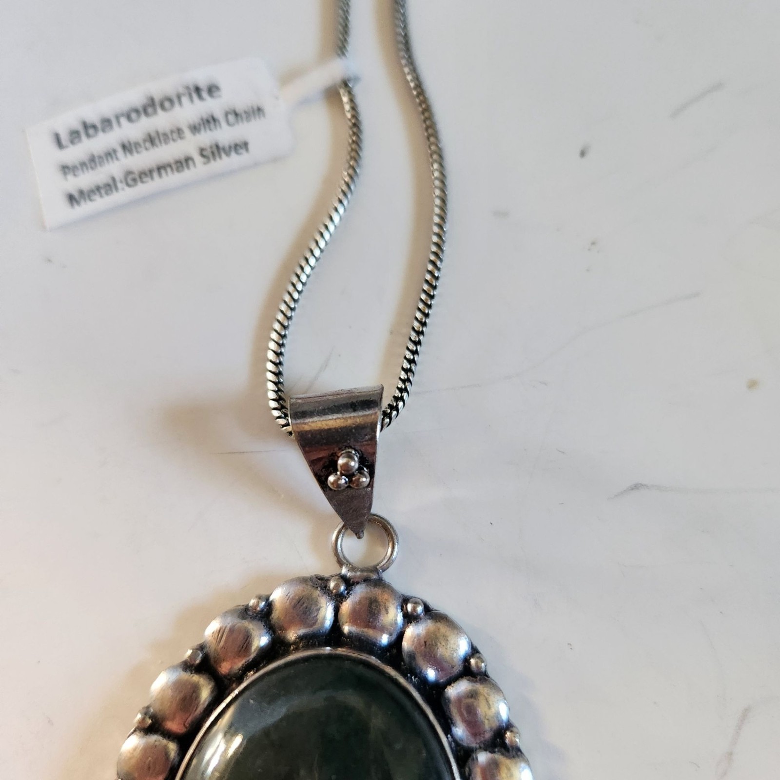 Labradorite Pendant Necklace With German Silver Chain Oval Gemstone Jewelry READ