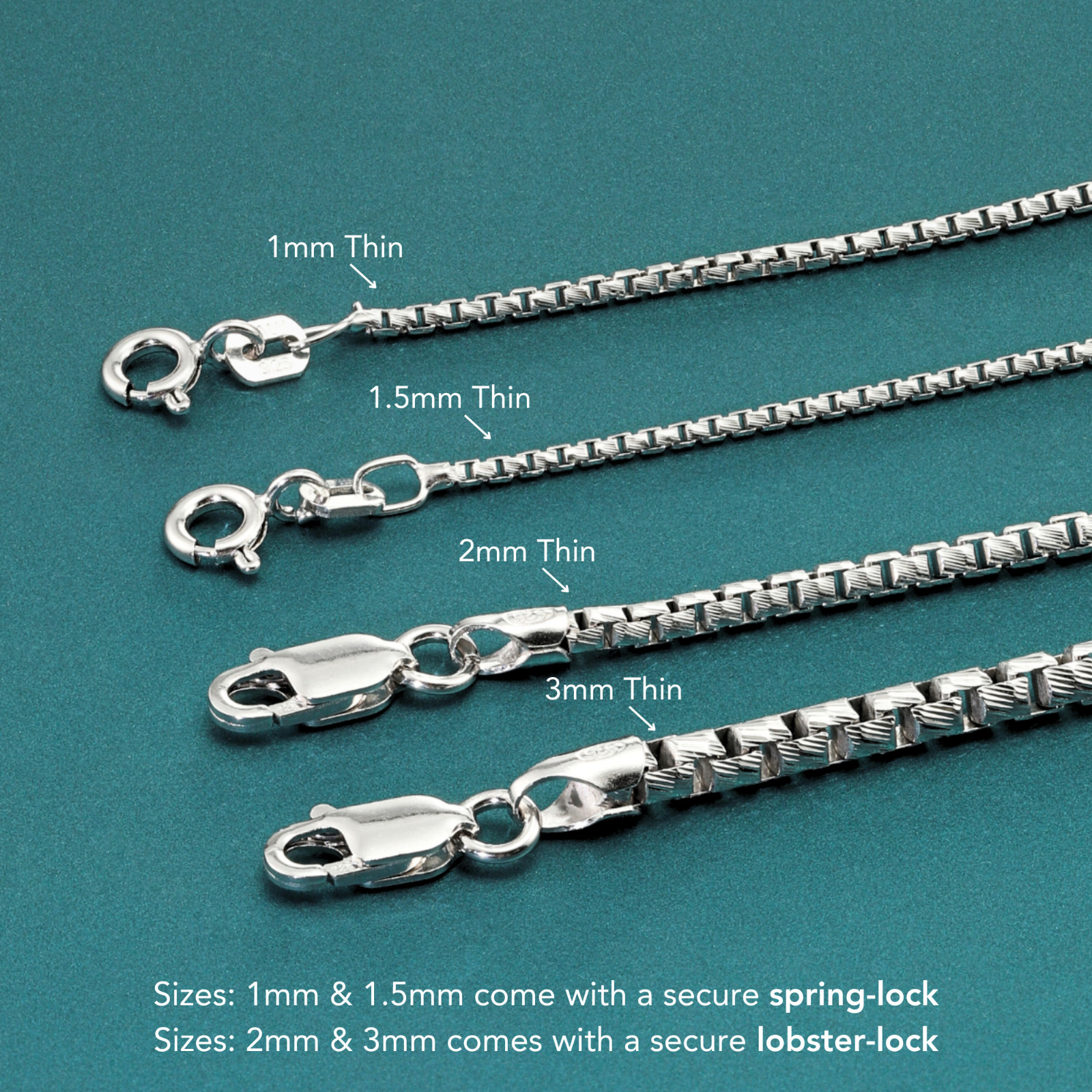 Solid 925 Sterling Silver 1mm-3mm Diamond-cut Box Chain Pendant Necklace 16″-24″