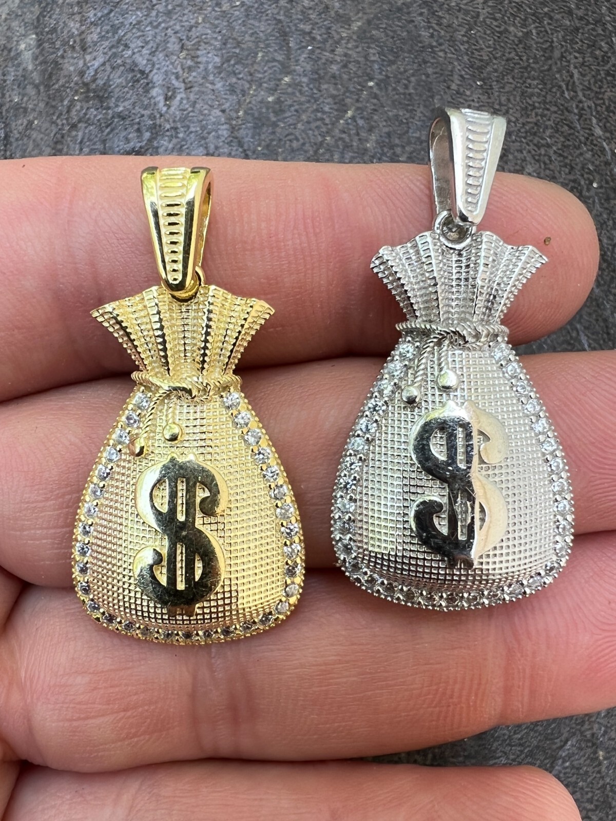 Real 925 Silver / 14k Gold Plated Money Bag Dollar Sign Pendant Necklace Iced CZ